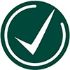 A dark green circle icon with a white tick symbol in the middle.